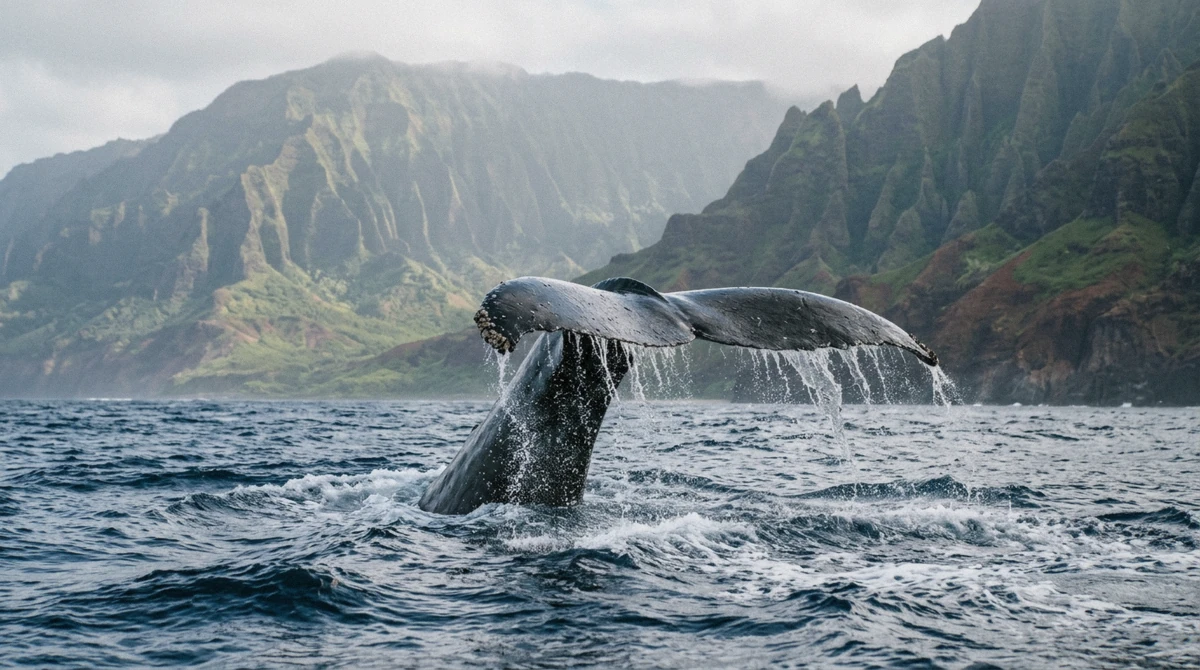 A humpback whale tail off the Na Pali cliffs, seen on Kauai whale watching boat tours