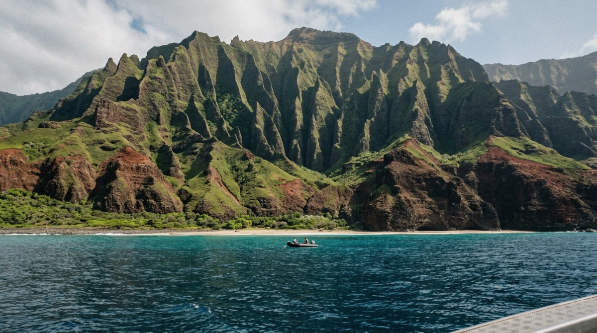 The reef and beach at Nualolo Kai below the cliffs on Napali Coast boat tours