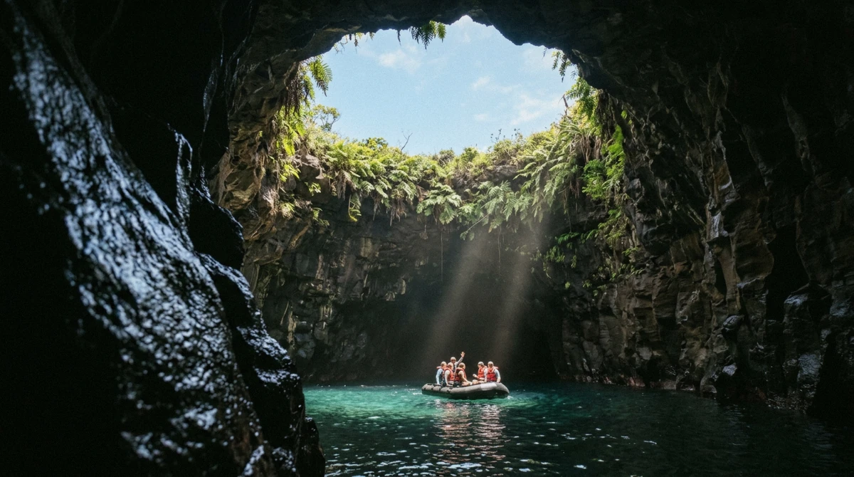 A raft in the sunlit water of Open Ceiling Cave, reached on raft Napali Coast boat tours