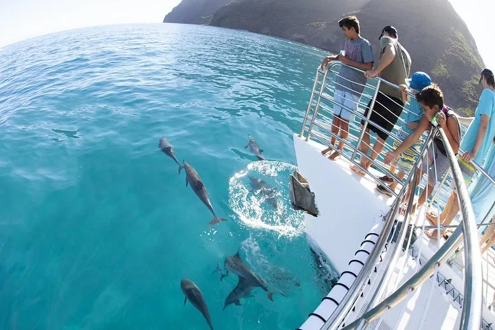 Lucky Lady catamaran with a waterslide on a Na Pali Coast boat tour from Port Allen, Kauai