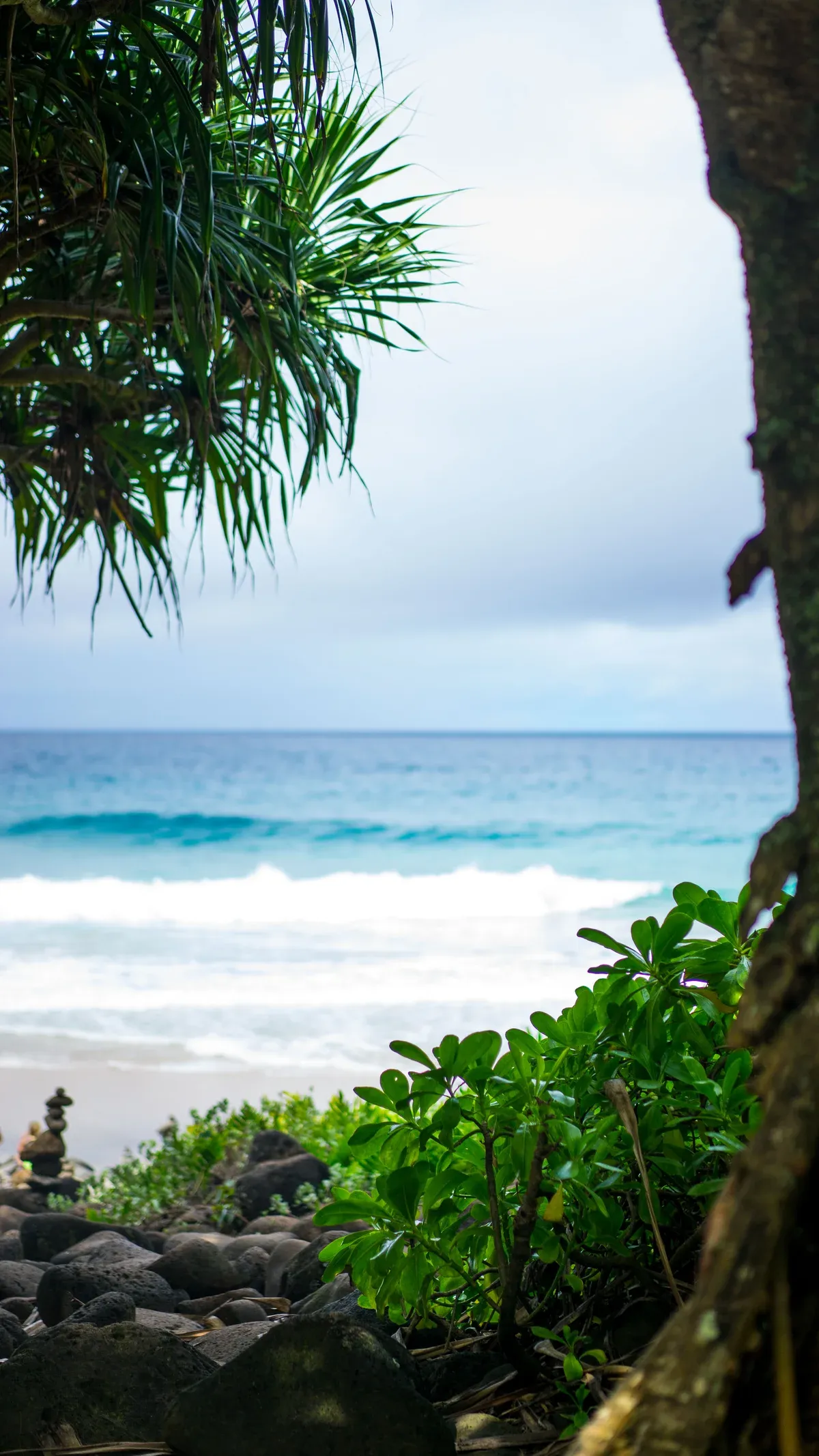 Hanakapiai Beach surf seen from the Kalalau Trail on the Na Pali Coast, Kauai